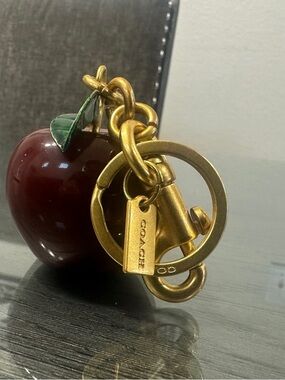 Coach Apple Keychain Charm in Deep Red with Green Leaf and Gold Hardware